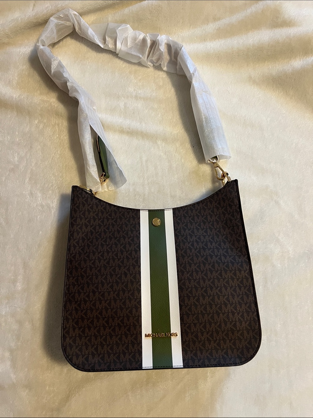 Michael Kors Brown Signature Shoulder Bag with Green & White Stripe